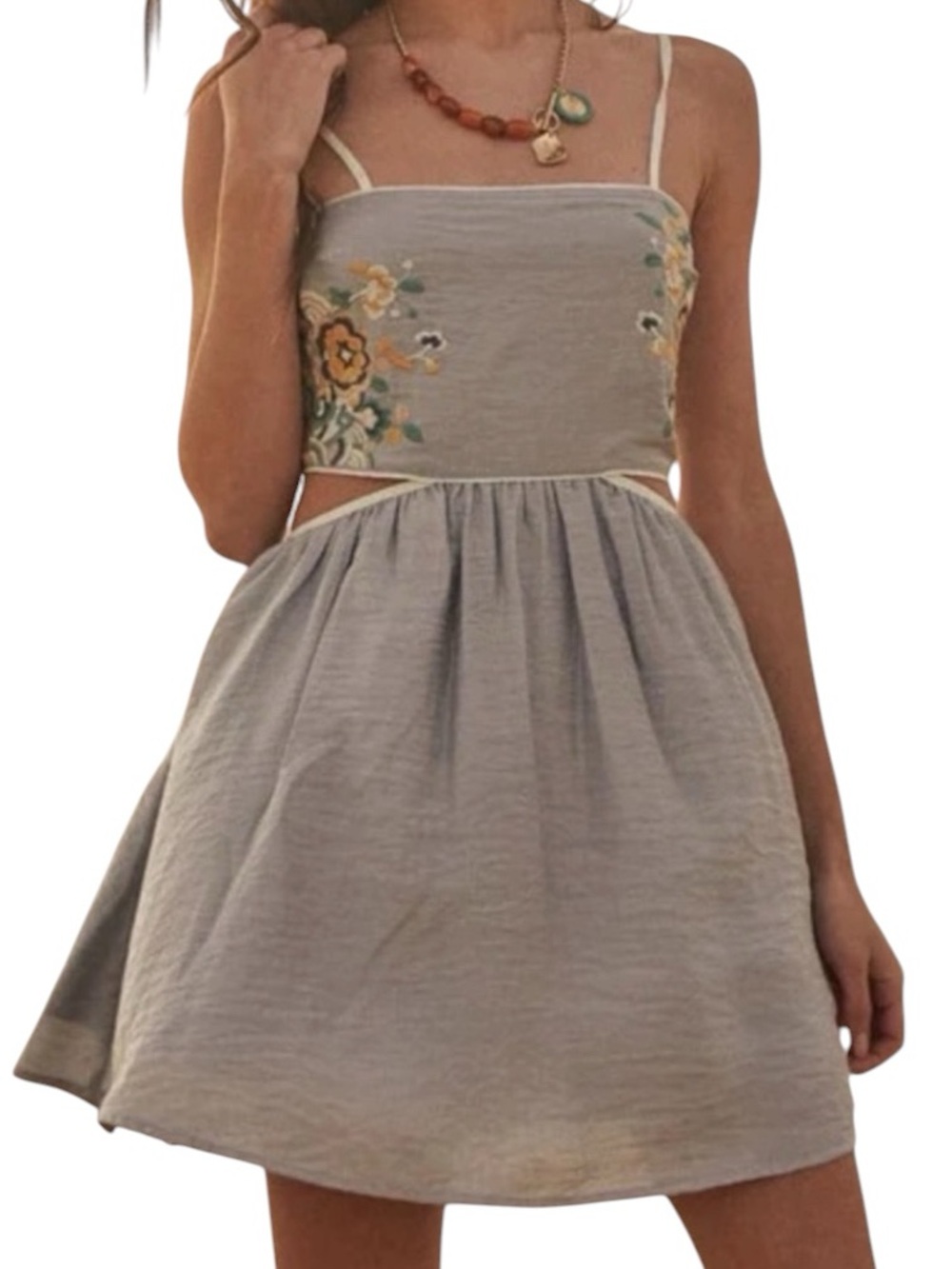 Promesa Gray Embroidery Dress Adjustable Straps Mid Section Reveal M